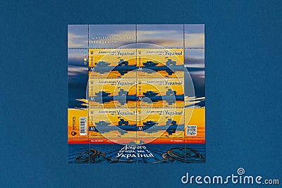 KYIV, UKRAINE - November 03: Limited edition of new Ukrainian stamp â€œGood evening, we are from Ukraine!â€. New postage stamp by Editorial Stock Photo